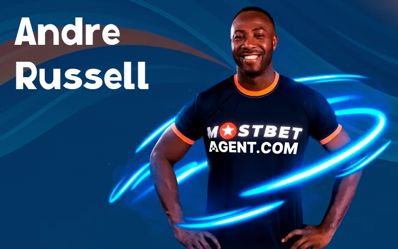 Andre Russell represents the official Mostbet brand.