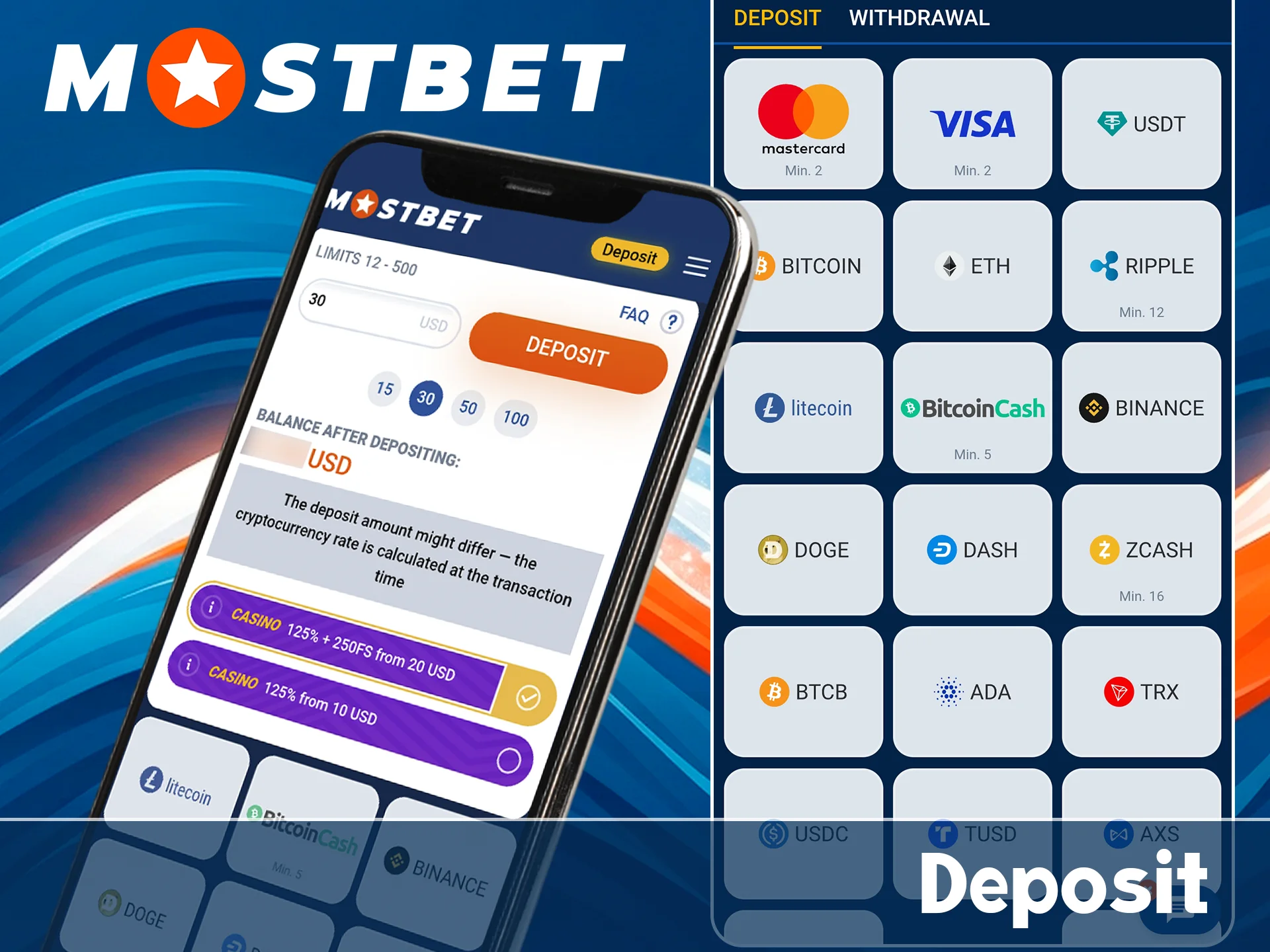Deposit money using the official Mostbet app.
