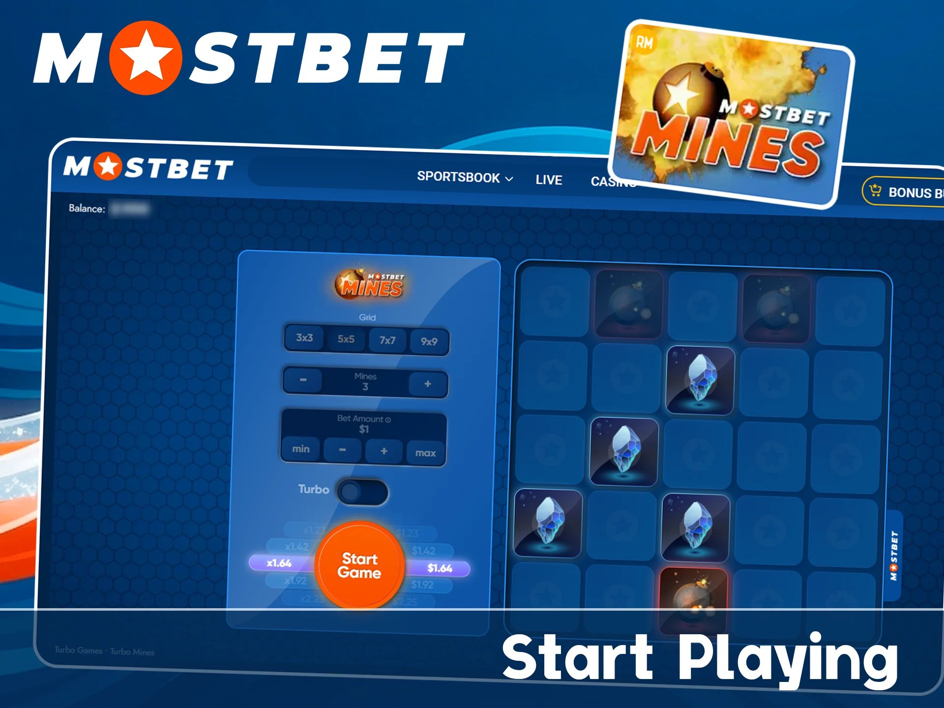 Start playing Mines on the official Mostbet website.