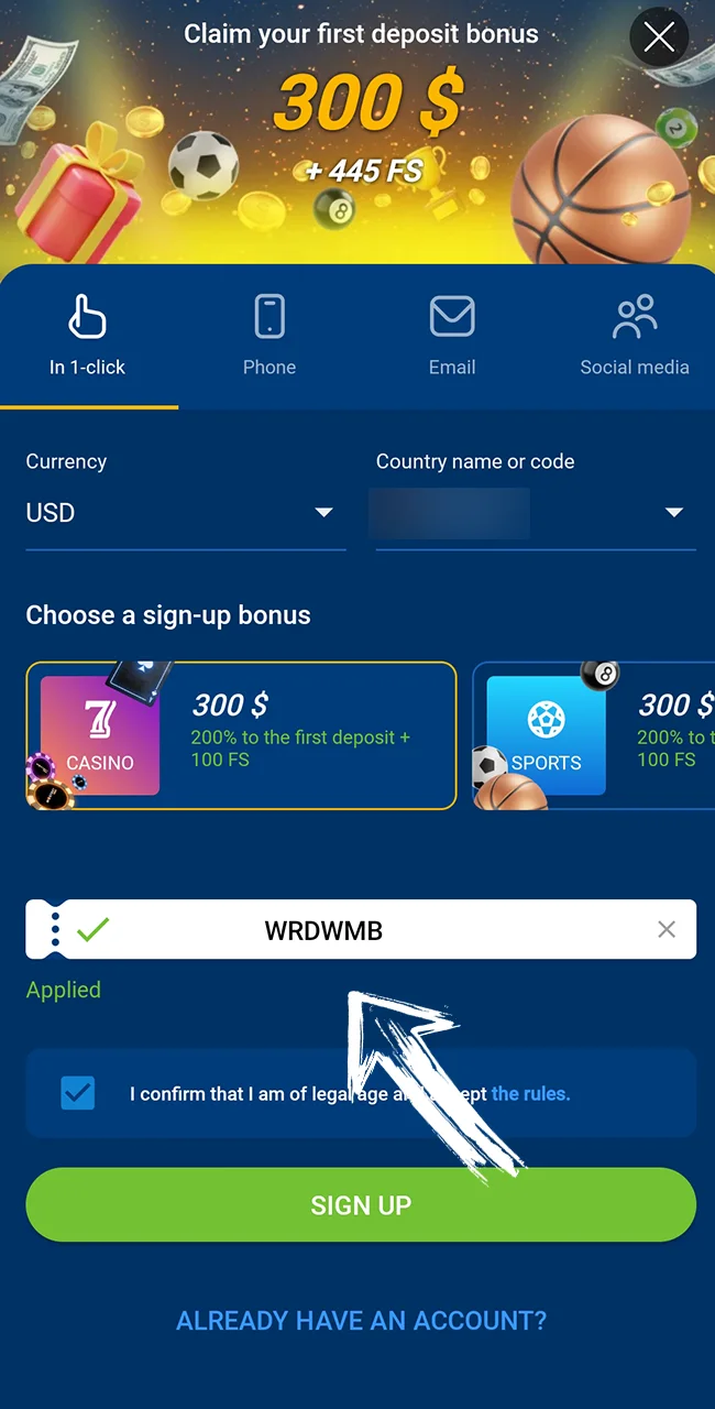 Activate your code on the official Mostbet platform.